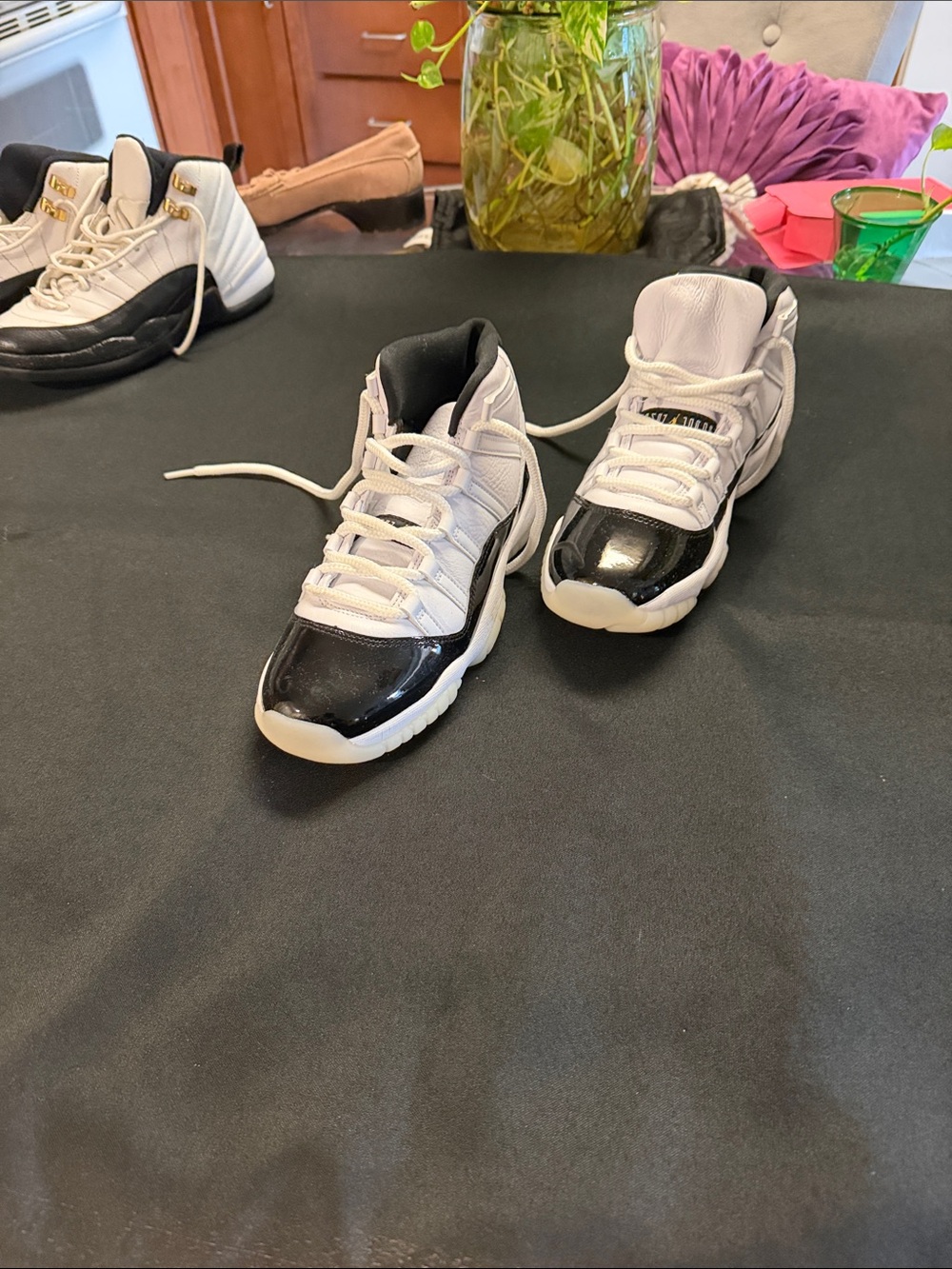 Jordan Kids White and Black Patent Toe Retro Basketball Sneakers